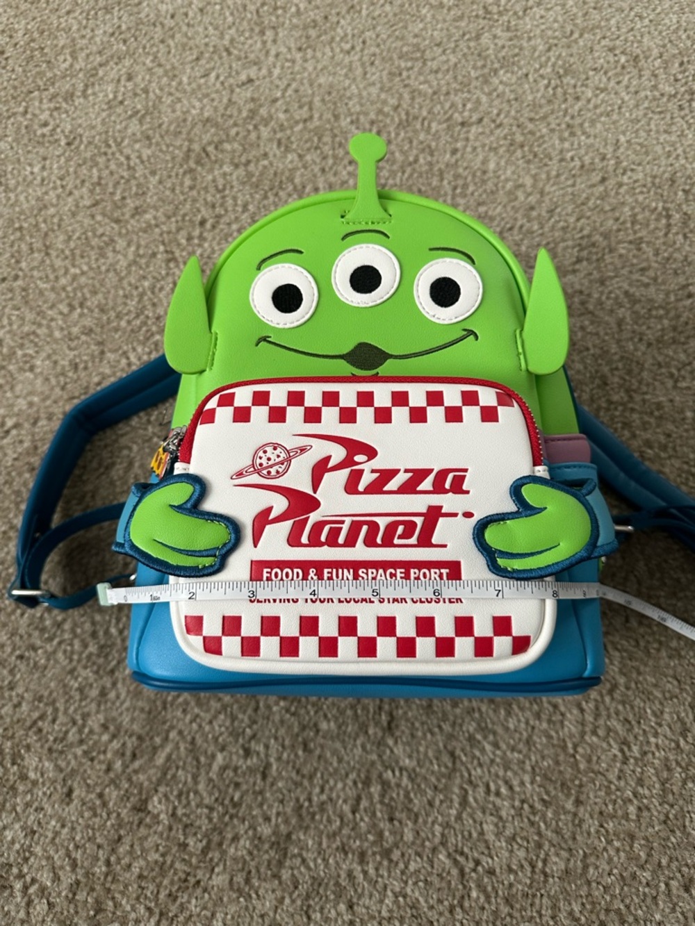 Loungefly Pixar Alien Pizza Planet Mini Backpack - Green/Blue/White/Red - Picture 2 of 10
